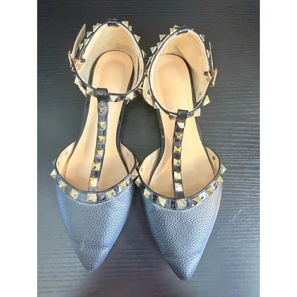 Black Studded T-Strap Pointed Toe Flats Womens EUR 36 Rockstud Style Ankle Strap - Picture 4 of 15